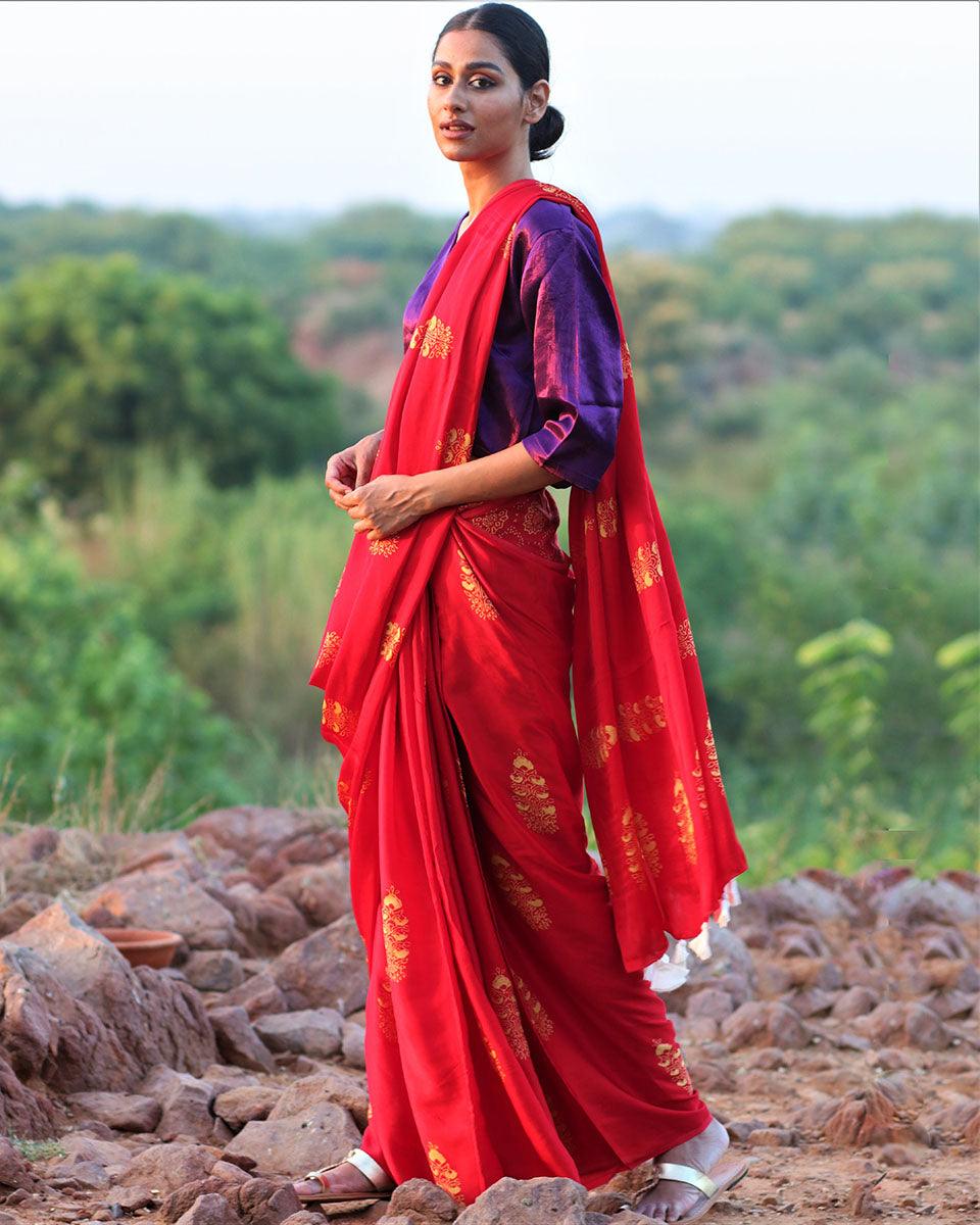 Red Blockprinted Modal Silk Saree - Rang