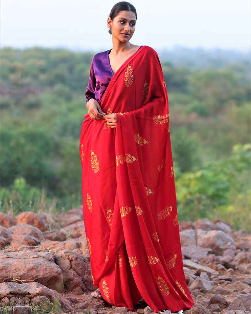 Red Blockprinted Modal Silk Saree - Rang