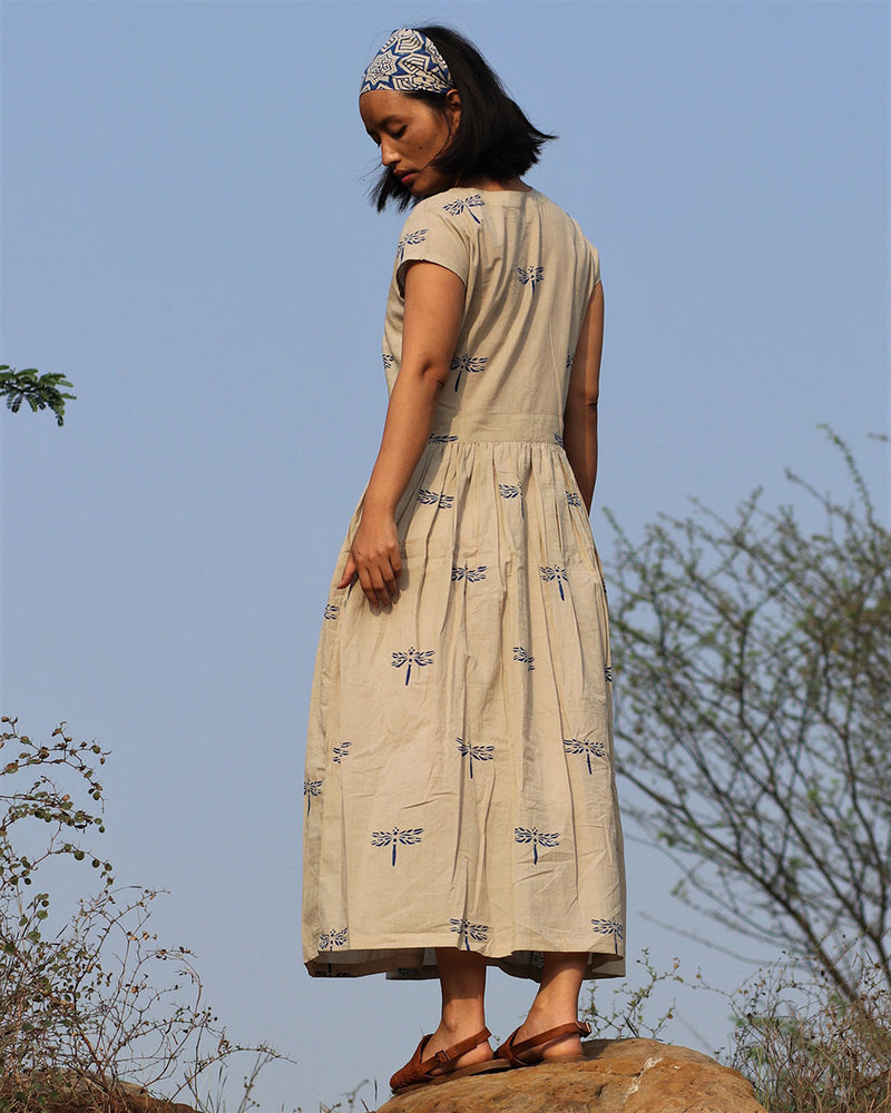 Beige blue blockprinted dragonfly dress| Chidiyaa – Chidiyaa
