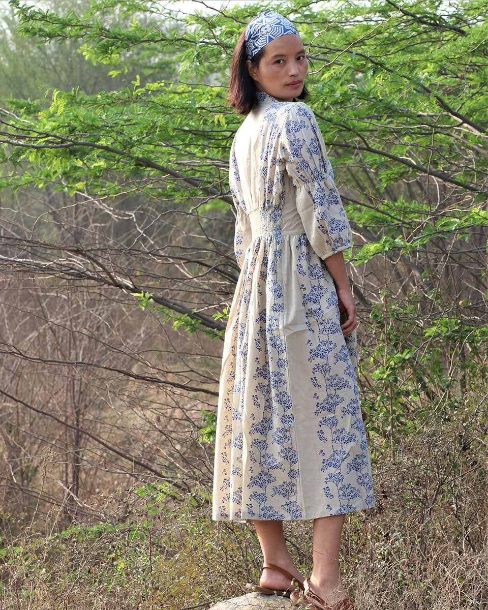 Buy Beige Blue Blockprinted Dress | Bestselling – Chidiyaa
