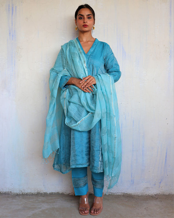 Turquoise Blue Handwoven Linen Dupatta- Roshni