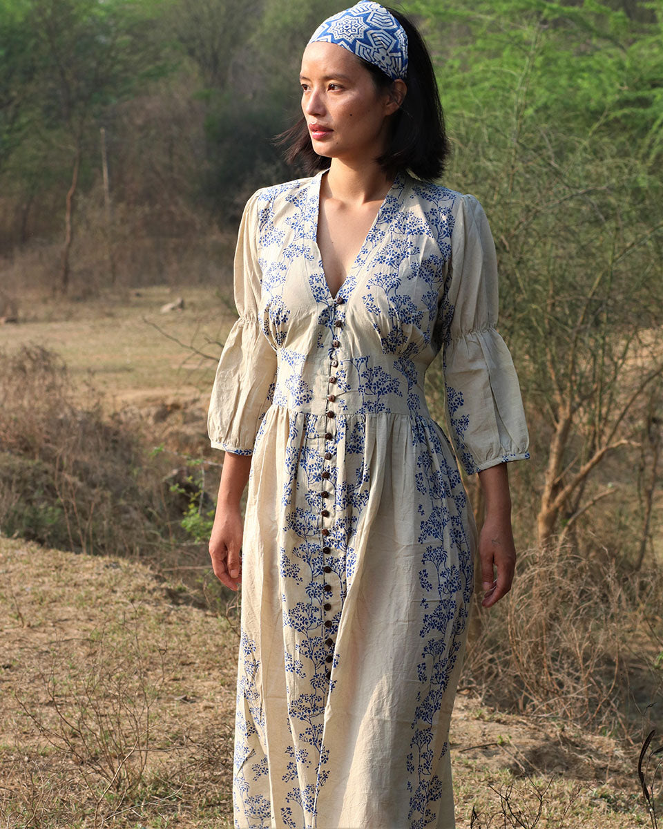 Buy Beige Blue Blockprinted Dress | Bestselling – Chidiyaa