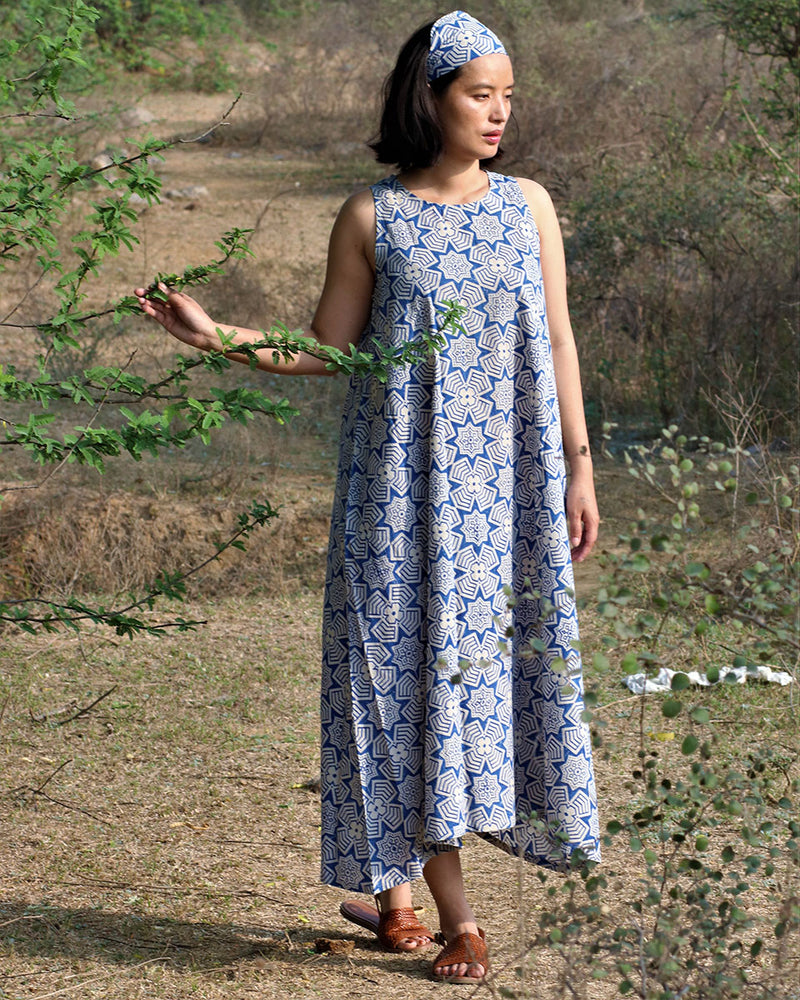 Beige Blue Blockprinted Jal Cotton Dress
