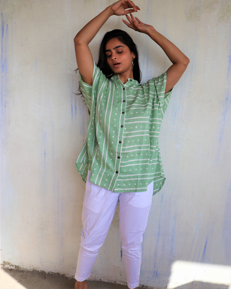 Mint Green Striped Block Printed Cotton Shirt - Ib