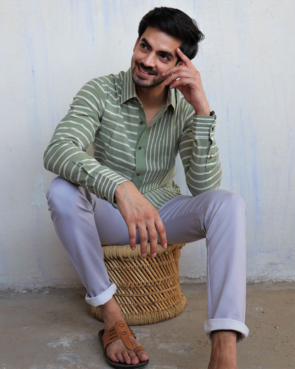 Green Stripe Block-Printed Men'S Shirt
