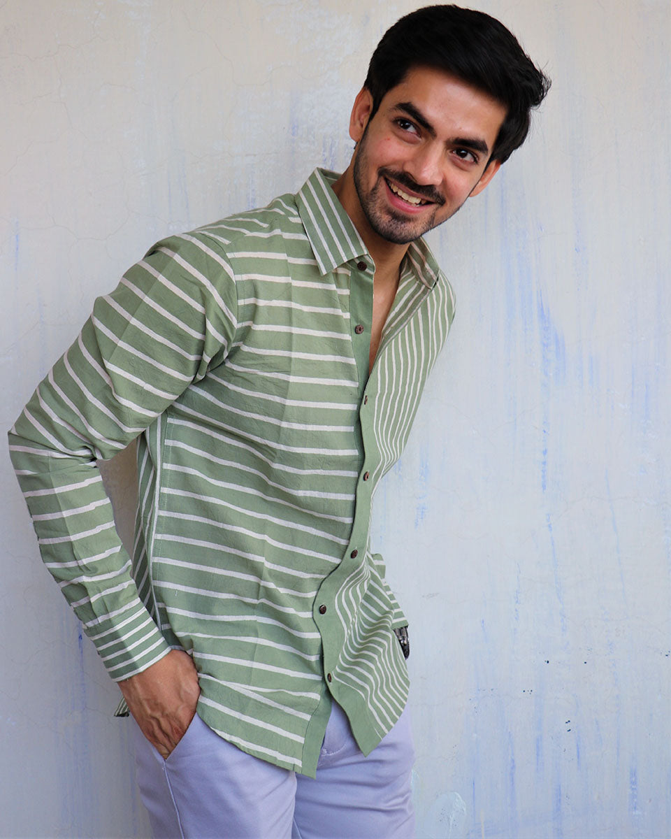 Green Stripe Block-Printed Men'S Shirt