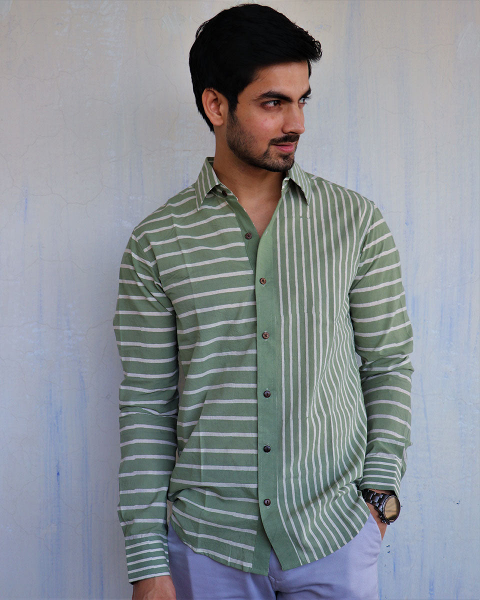 Green Stripe Block-Printed Men'S Shirt