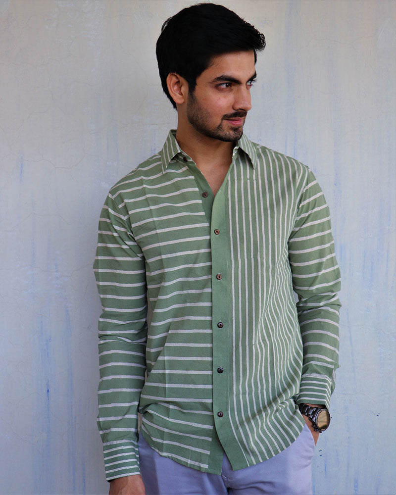 Green Stripe Block-Printed Men'S Shirt