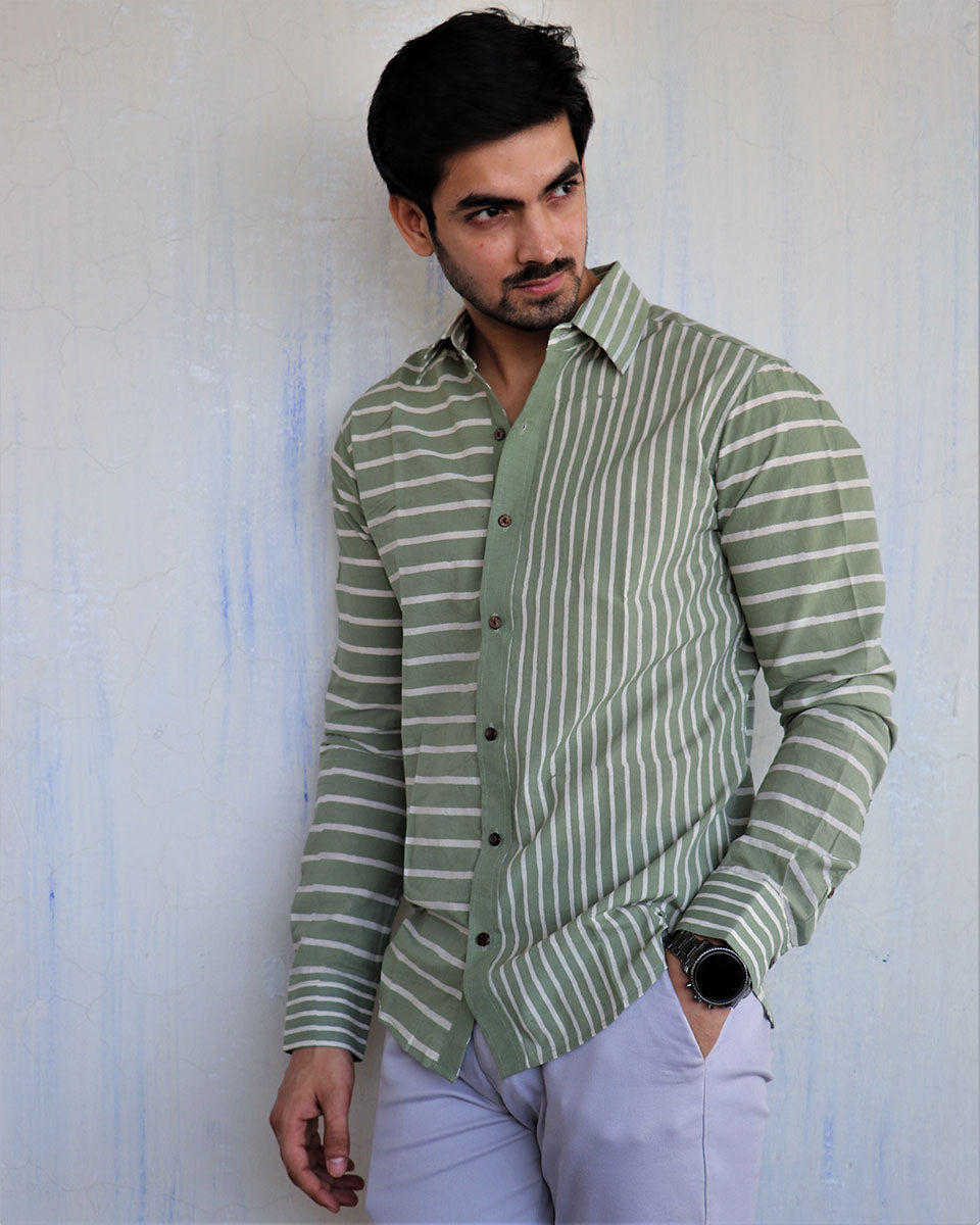 Green Stripe Block-Printed Men'S Shirt