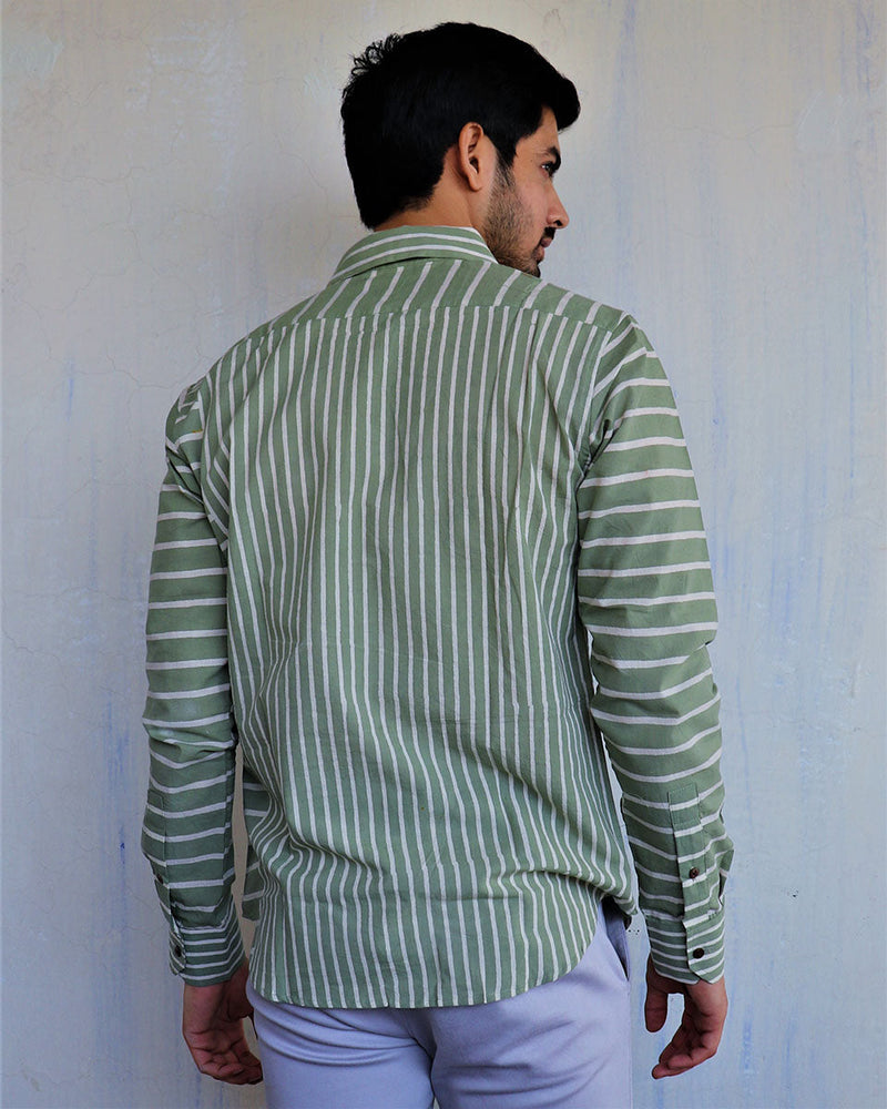 Green Stripe Block-Printed Men'S Shirt
