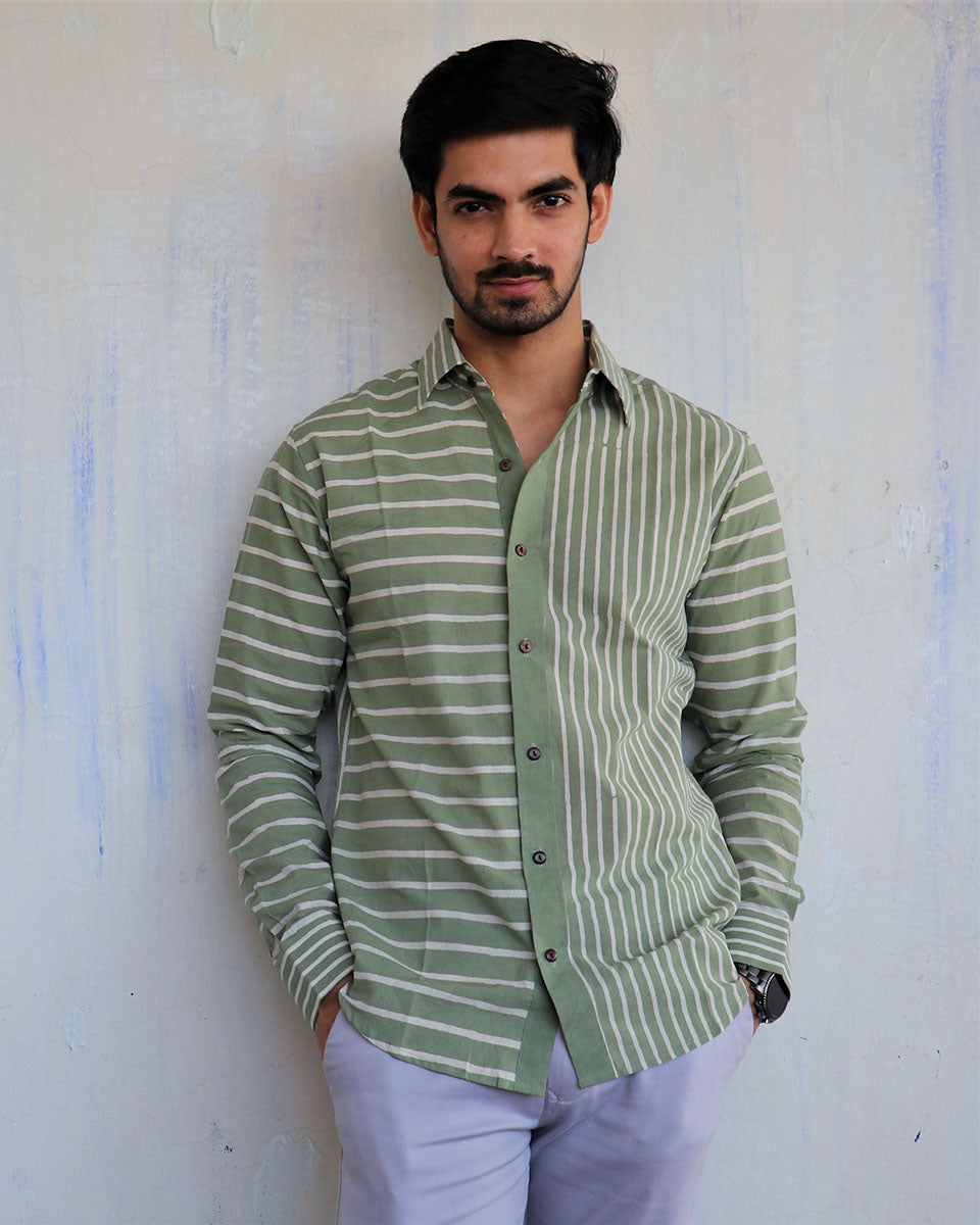 Green Stripe Block-Printed Men'S Shirt
