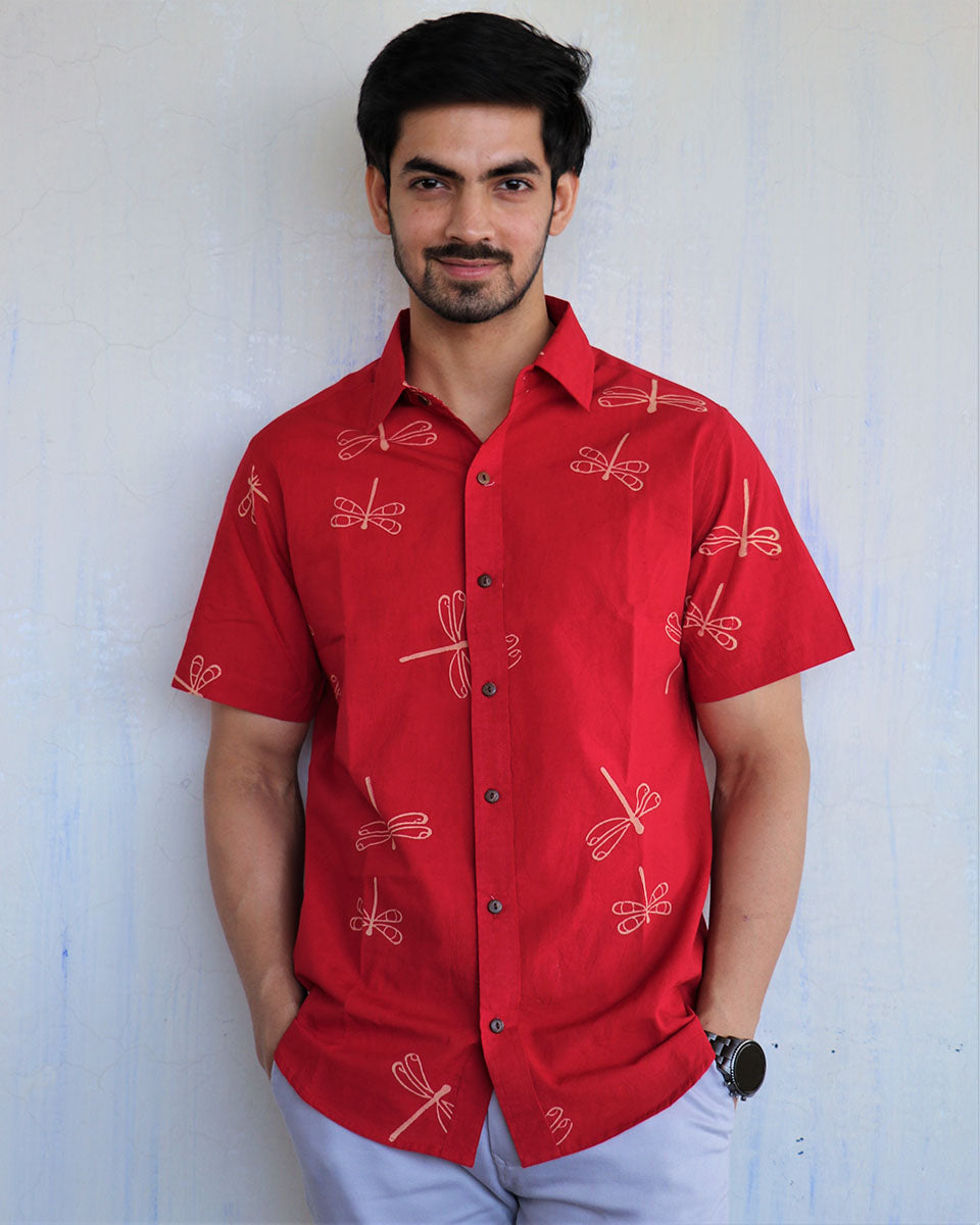 Red Dragonfly Block-Printed Men'S Shirt