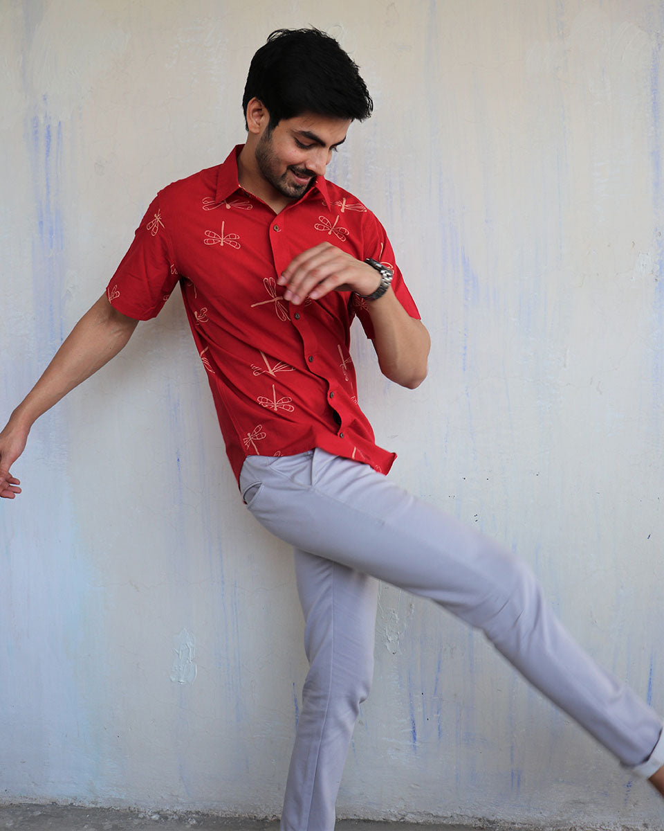 Red Dragonfly Block-Printed Men'S Shirt