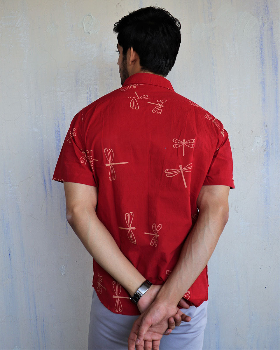 Red Dragonfly Block-Printed Men'S Shirt