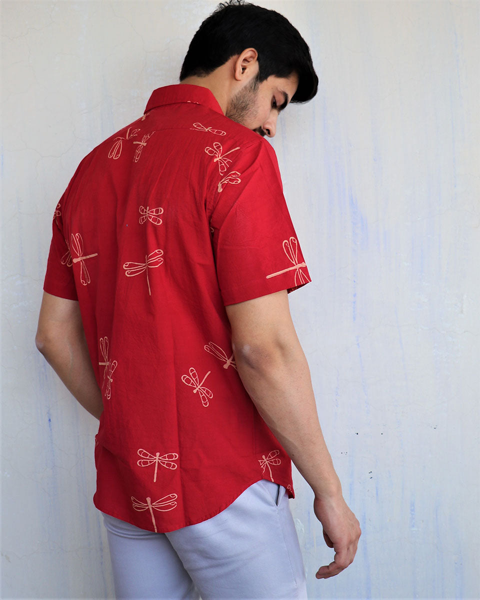 Red Dragonfly Block-Printed Men'S Shirt