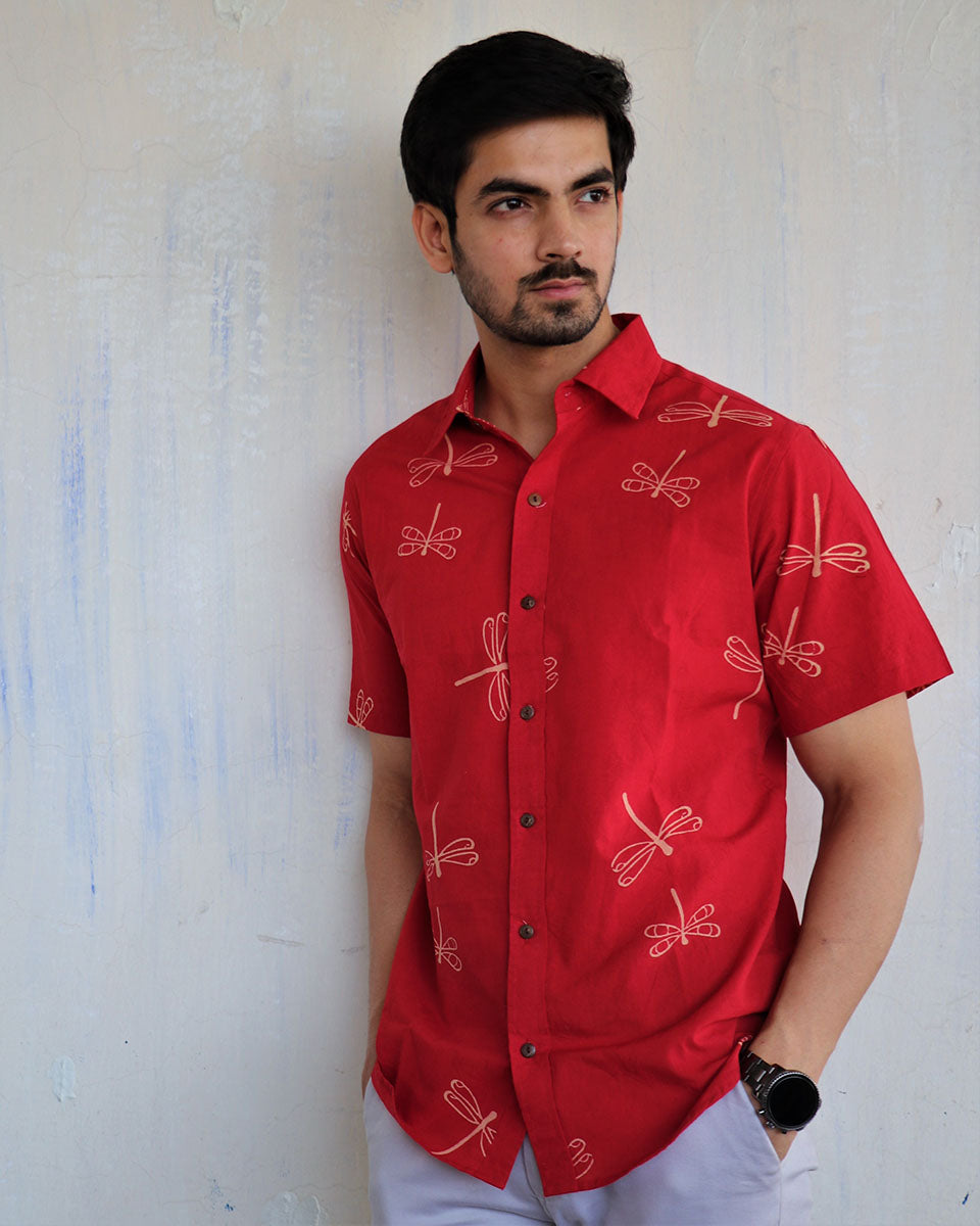 Red Dragonfly Block-Printed Men'S Shirt