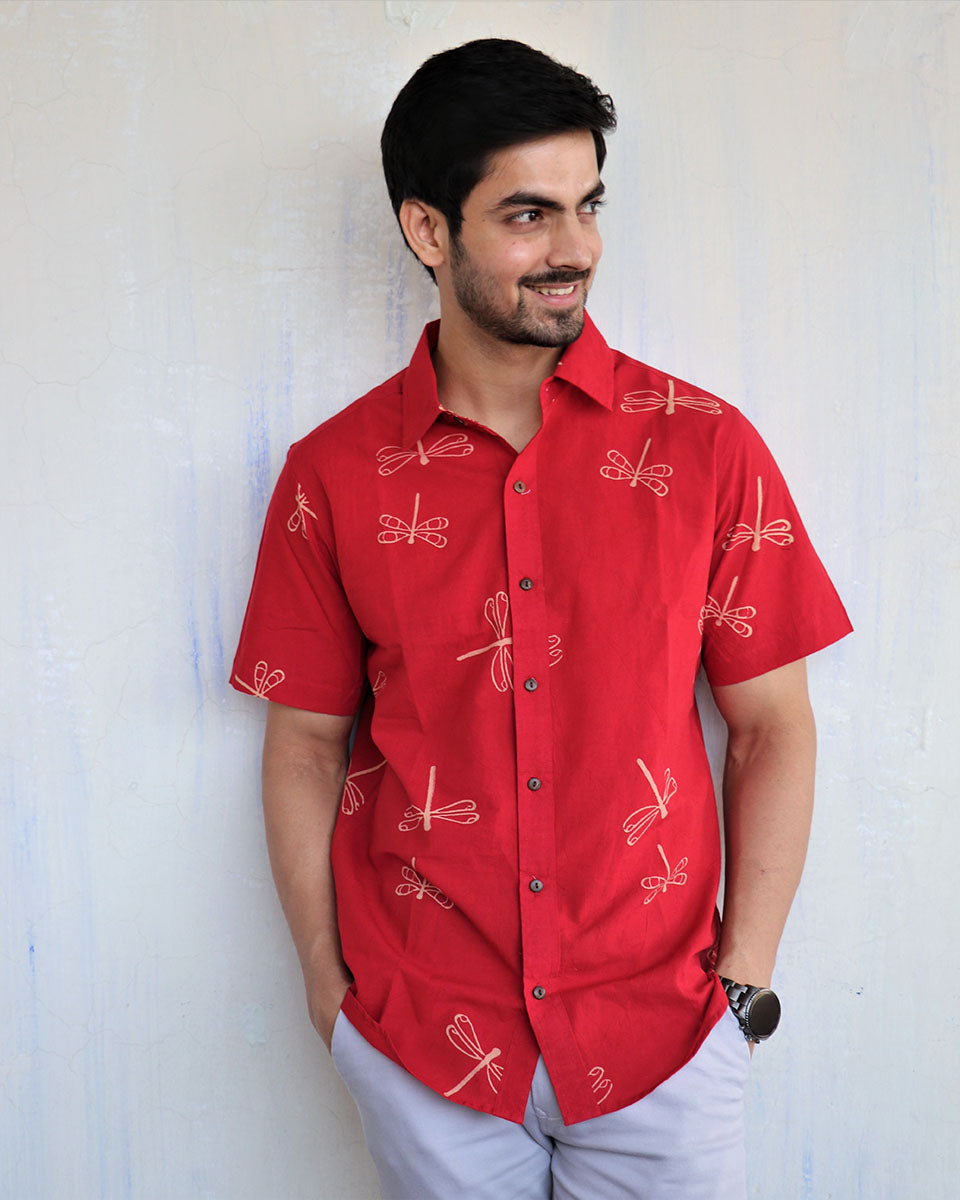 Red Dragonfly Block-Printed Men'S Shirt