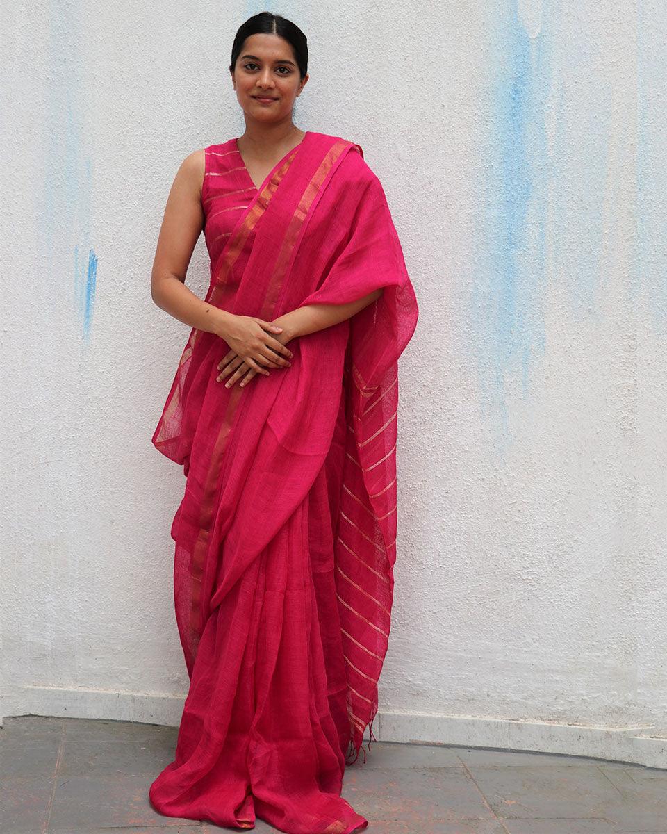 Azalea Fantasy Handwoven Linen Saree