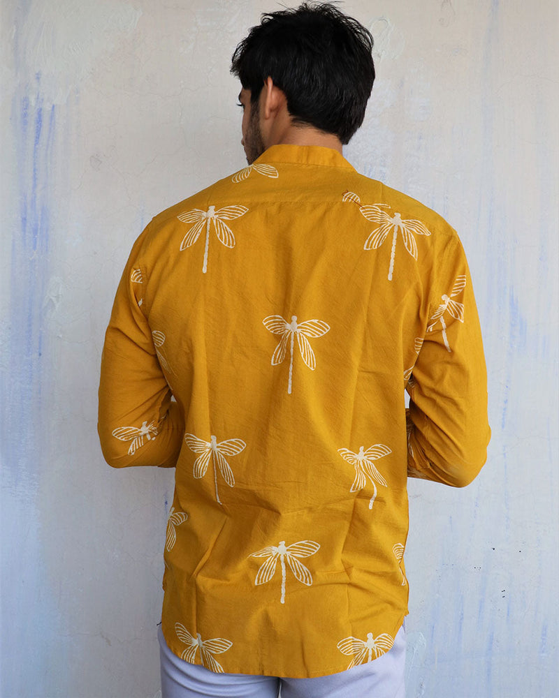 Mustard Dragonfly Block-Printed Men'S Shirt