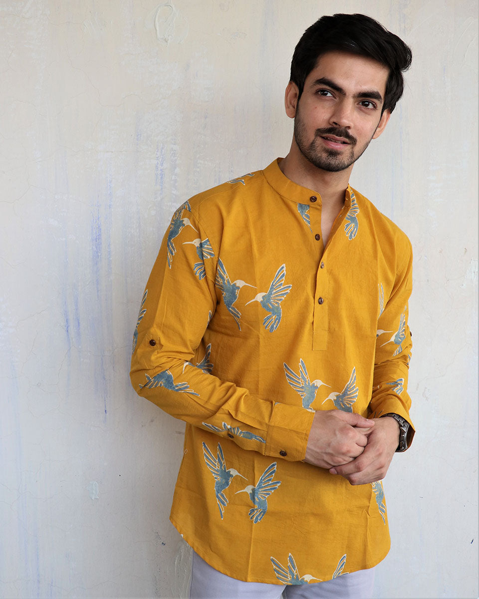 Mustard Flyon Block-Printed Men'S Shirt