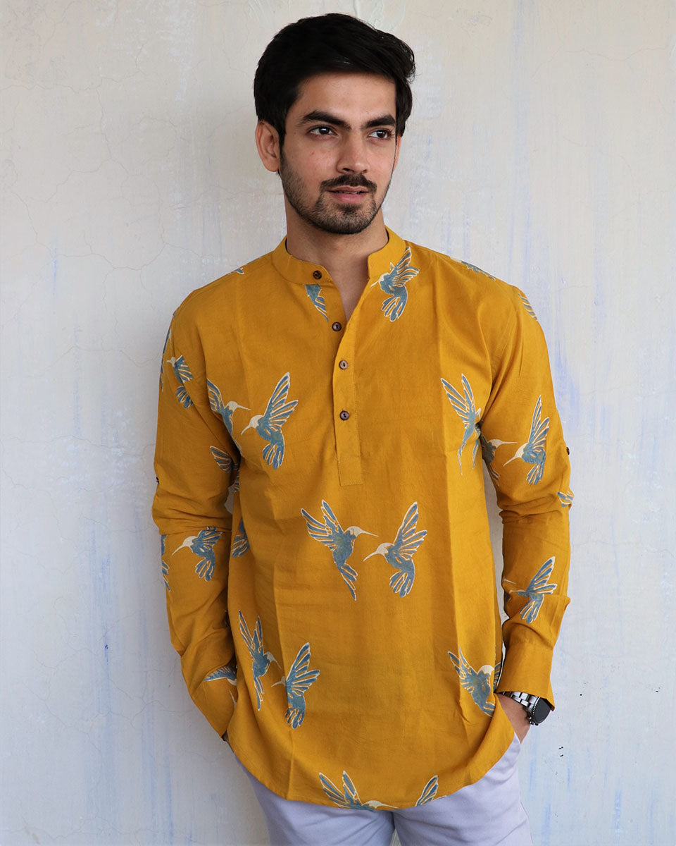 Mustard Flyon Block-Printed Men'S Shirt