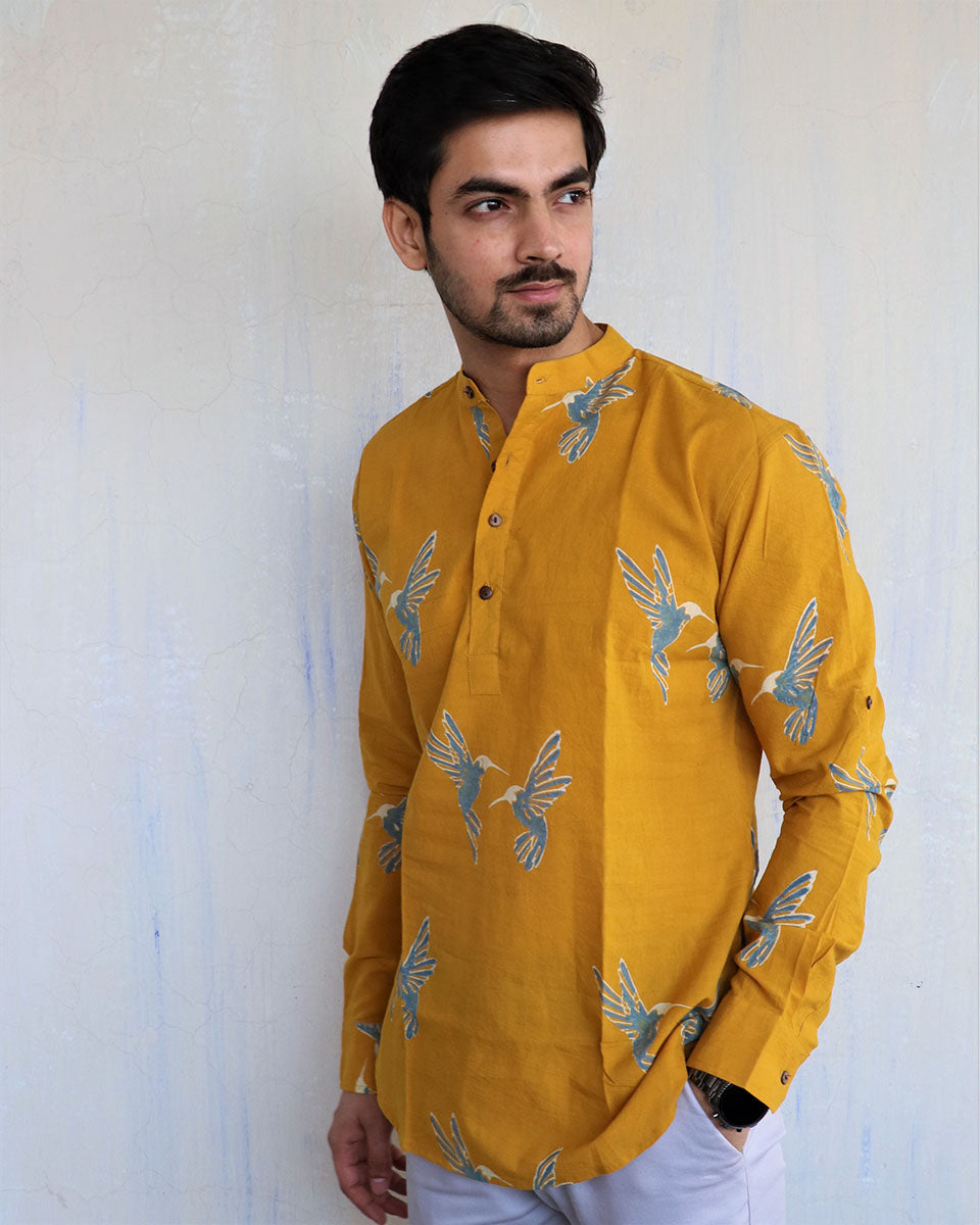 Mustard Flyon Block-Printed Men'S Shirt