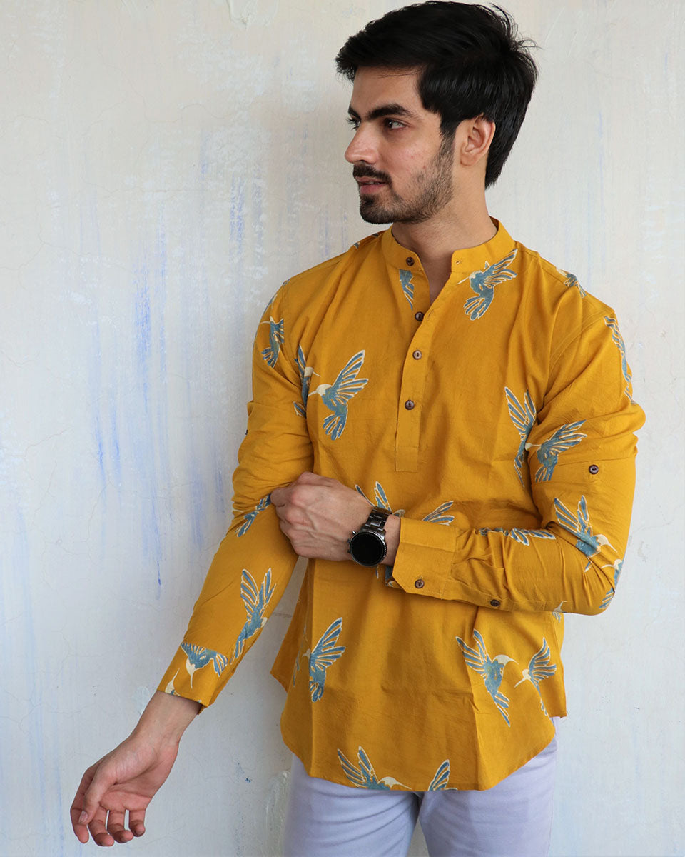 Mustard Flyon Block-Printed Men'S Shirt