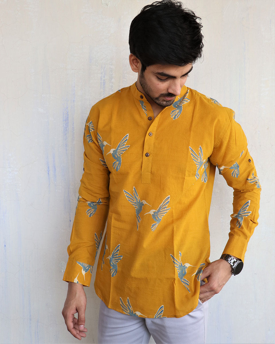 Mustard Flyon Block-Printed Men'S Shirt