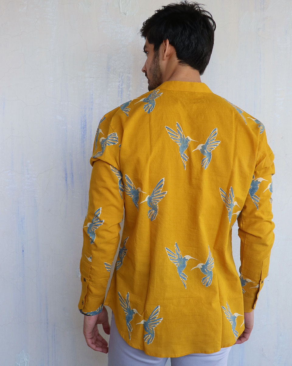 Mustard Flyon Block-Printed Men'S Shirt