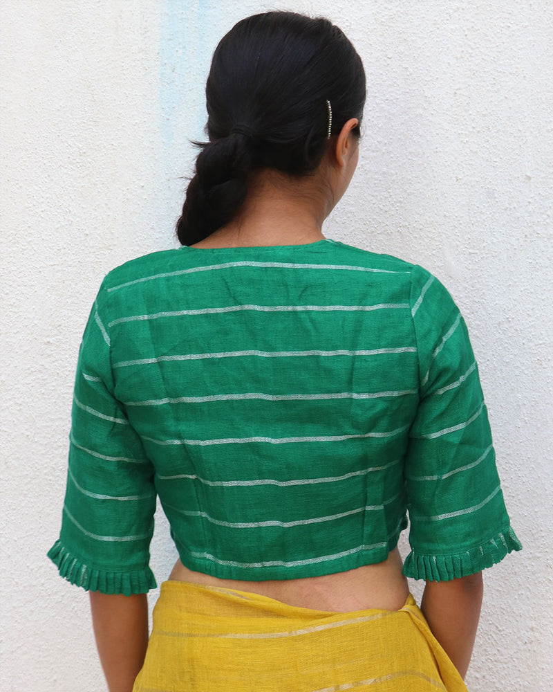 Green Handwoven V Neck Linen Zari Blouse - Everyday Beautiful