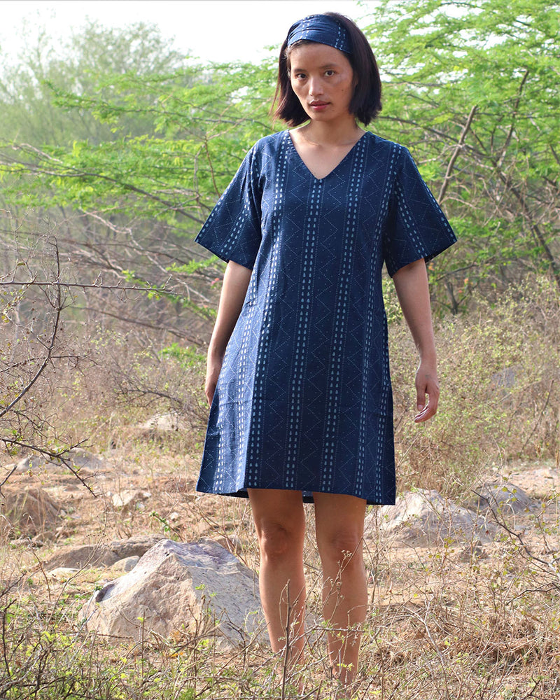 Blue Blockprinted Shift Cotton Dress-Moh