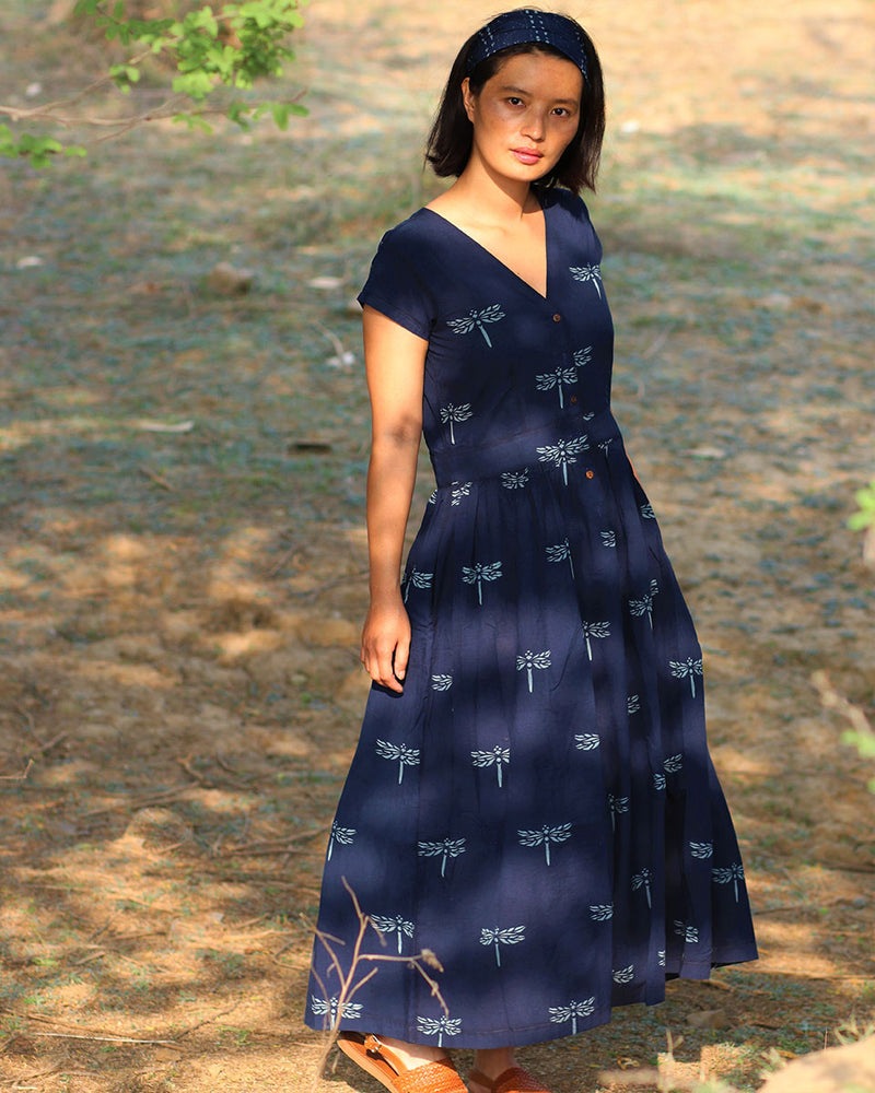 Buy Blue Blockprinted Dragonfly Cotton Dress 