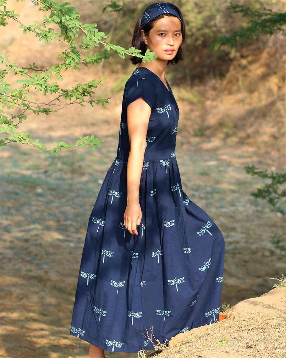 Buy Blue blockprinted dragonfly cotton dress | Bestselling – Chidiyaa