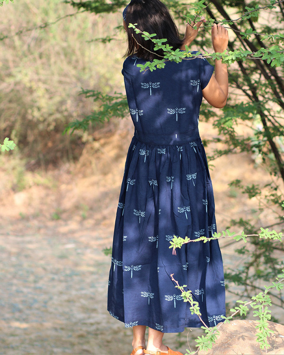 Buy Blue blockprinted dragonfly cotton dress | Bestselling – Chidiyaa