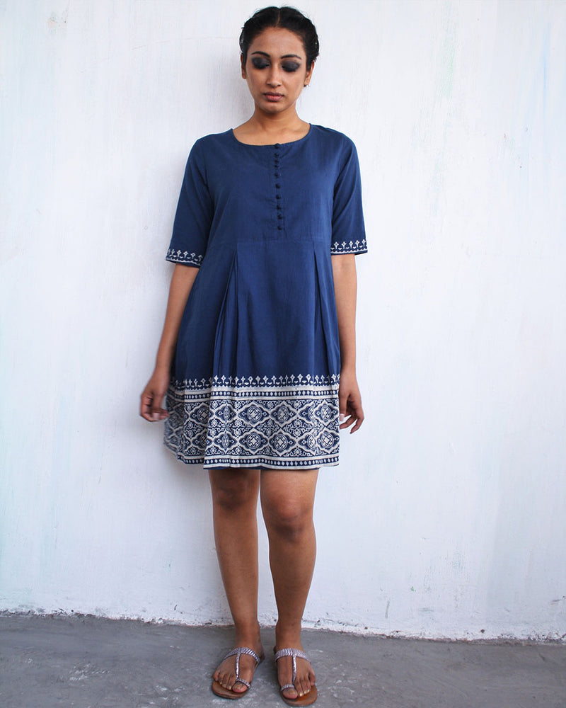 Blue Border Blockprinted Cotton Dress