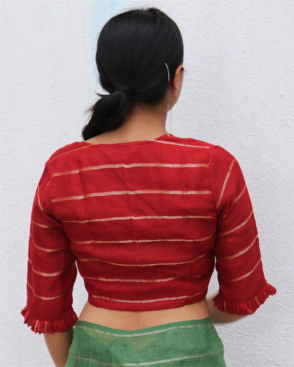 Red Handwoven Linen Zari Blouse - Everyday Beautiful