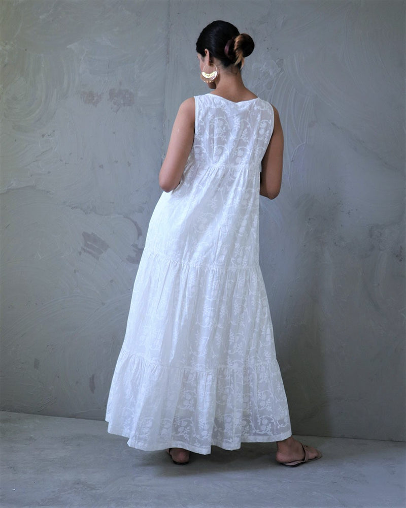 Ivory Floral Block Printed Cotton Dress-Safed