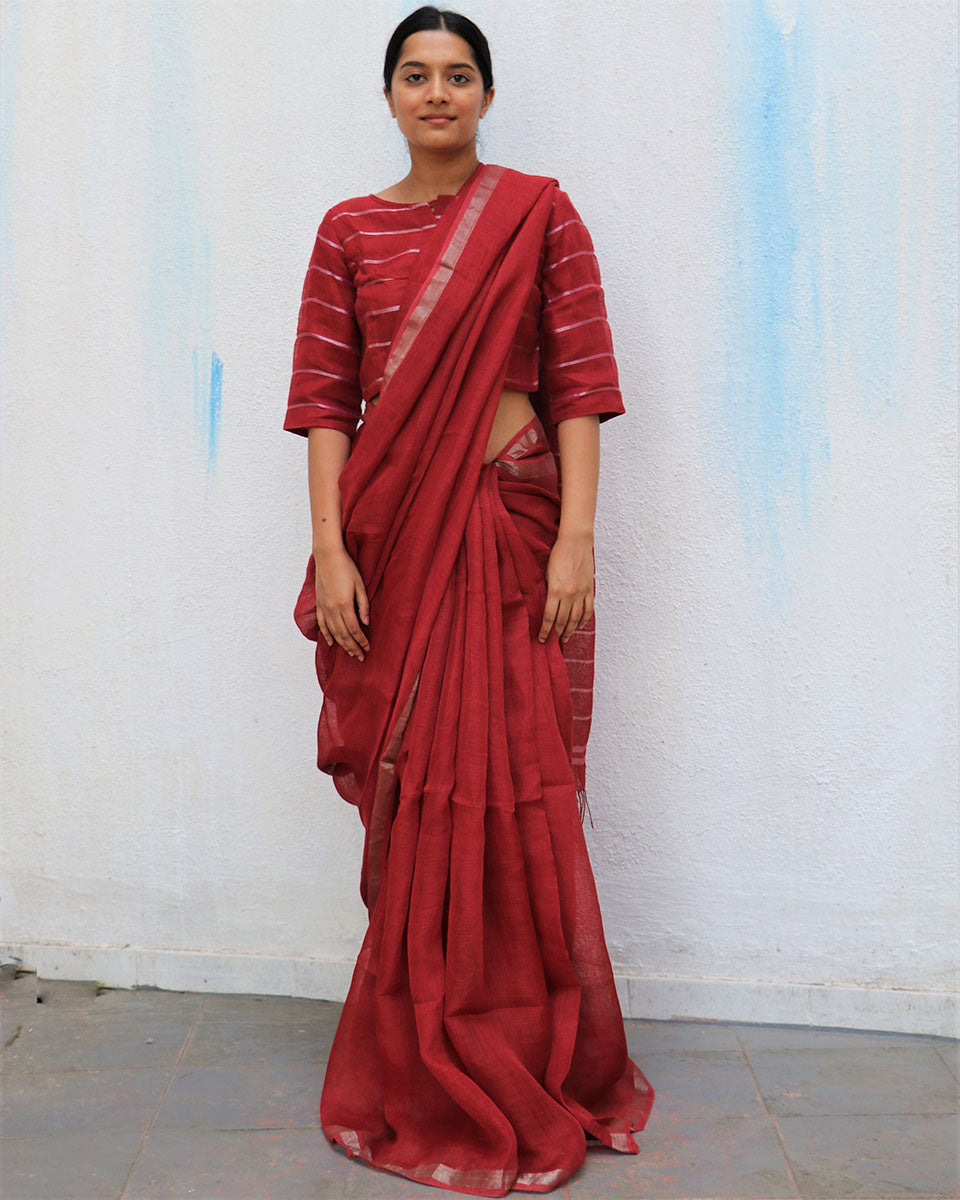 Maroon Fascination Handwoven Linen Zari Saree 