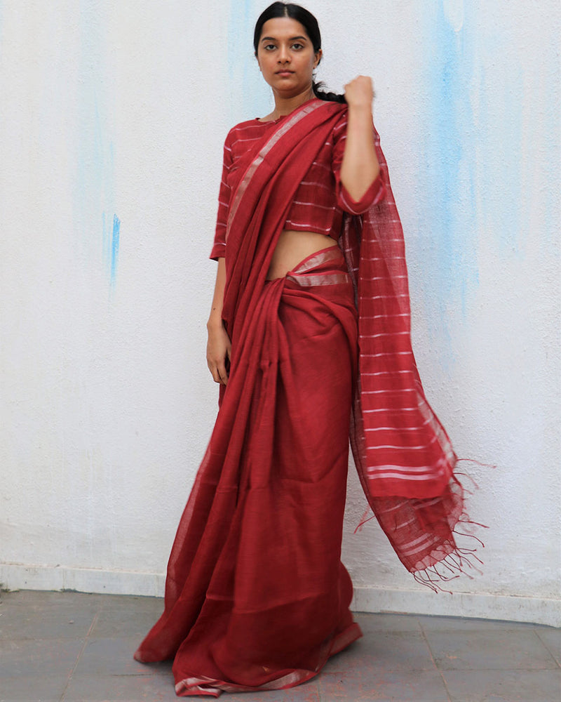 Maroon Handwoven Linen Zari Saree | Chidiyaa – Chidiyaa