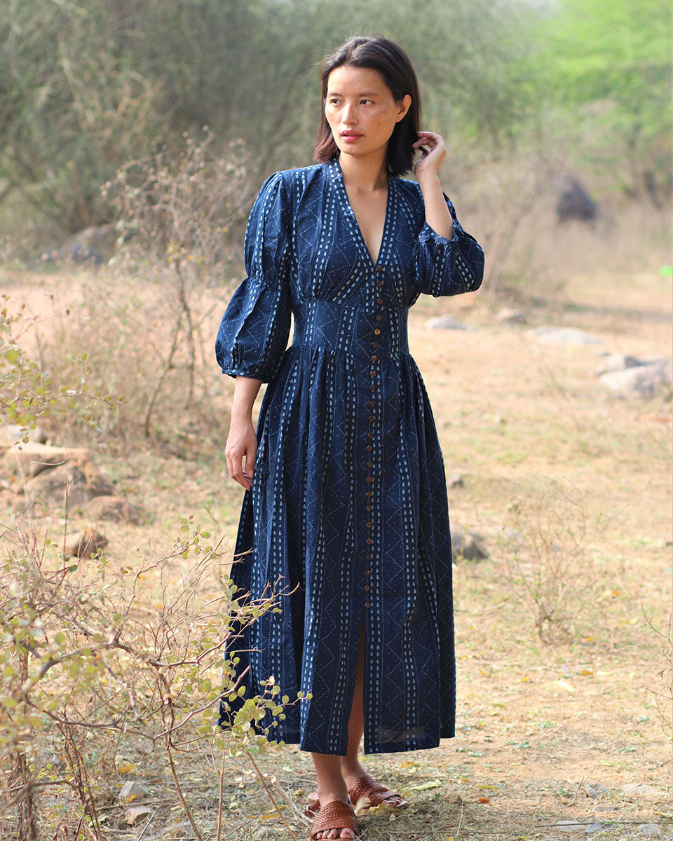 Buy Blue Blockprinted Jal Cotton Dress | Bestselling – Chidiyaa