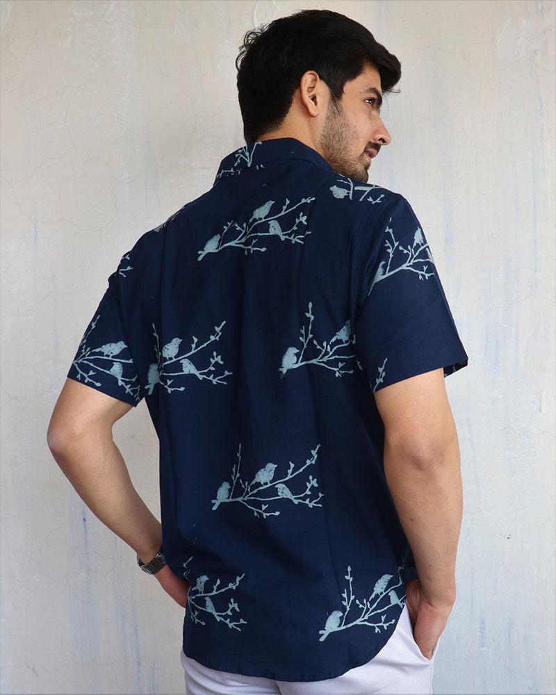 Blue Bird On Branch Block-Printed Men'S Shirt