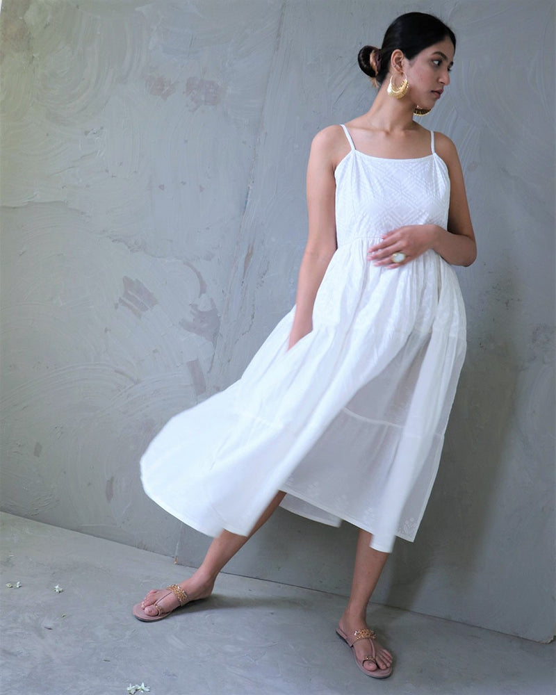 Ivory Block Printed Cotton Dress-Safed