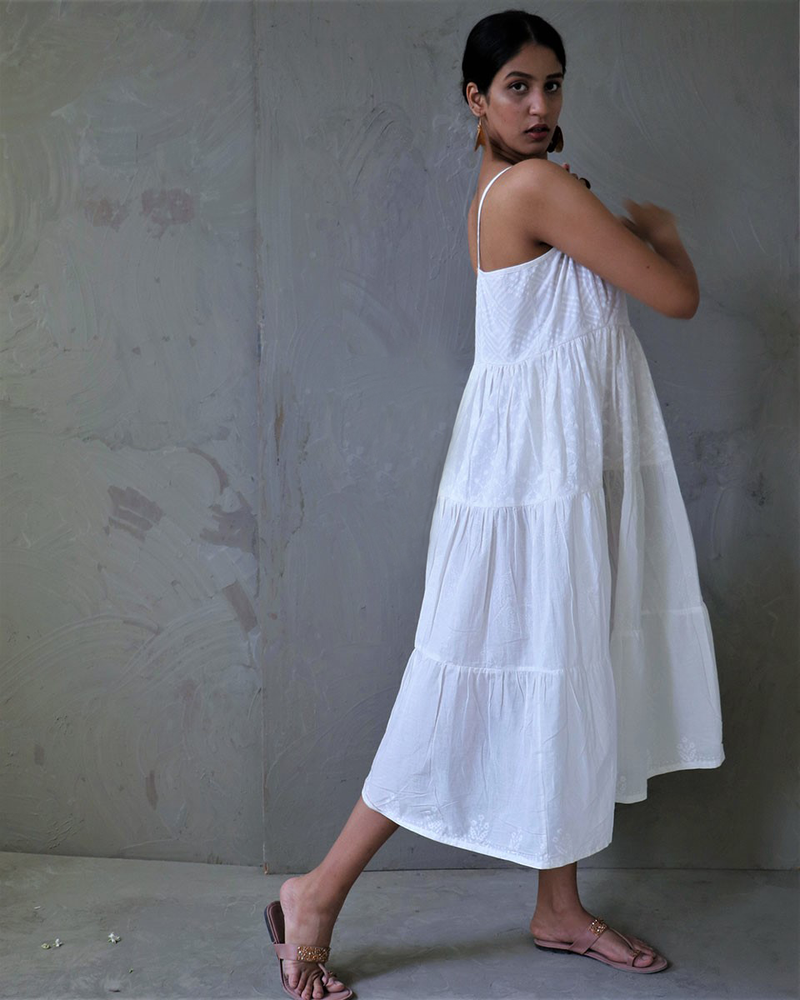 Ivory Block Printed Cotton Dress - Safed