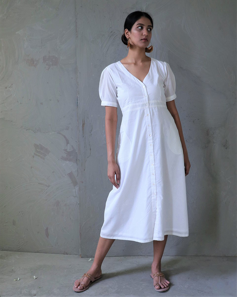 Ivory V Neck Cotton Dress - Safed