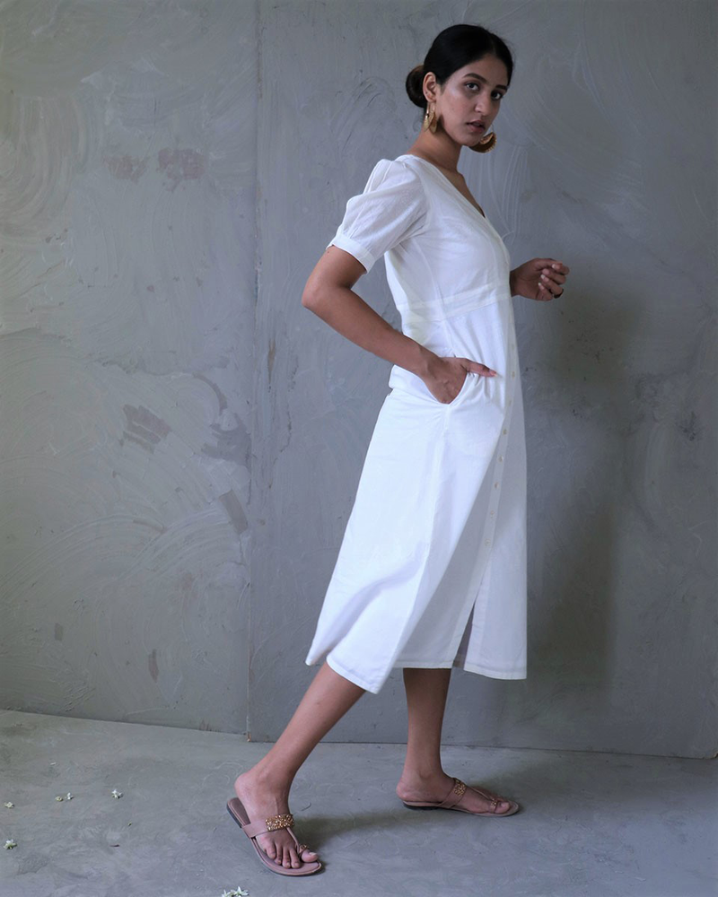 Ivory V Neck Cotton Dress-Safed