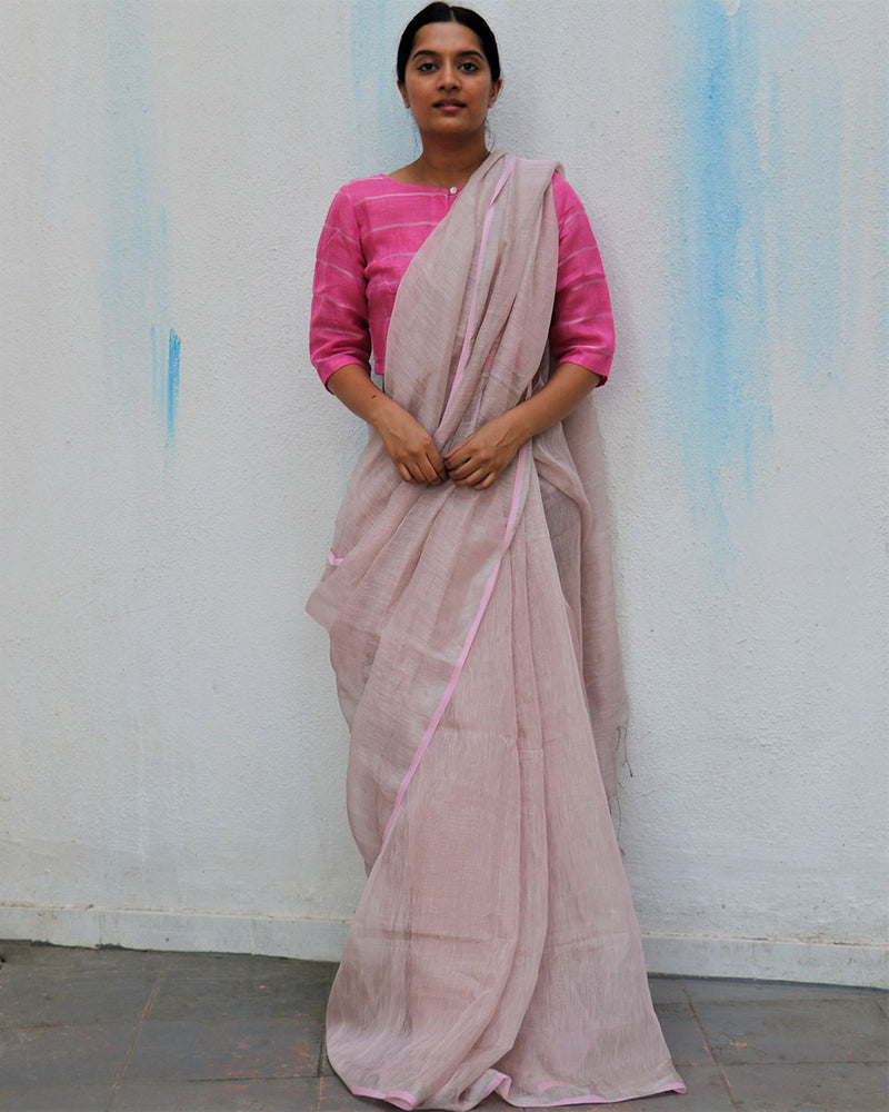 On Cloud Pink Handwoven Linen Zari Saree