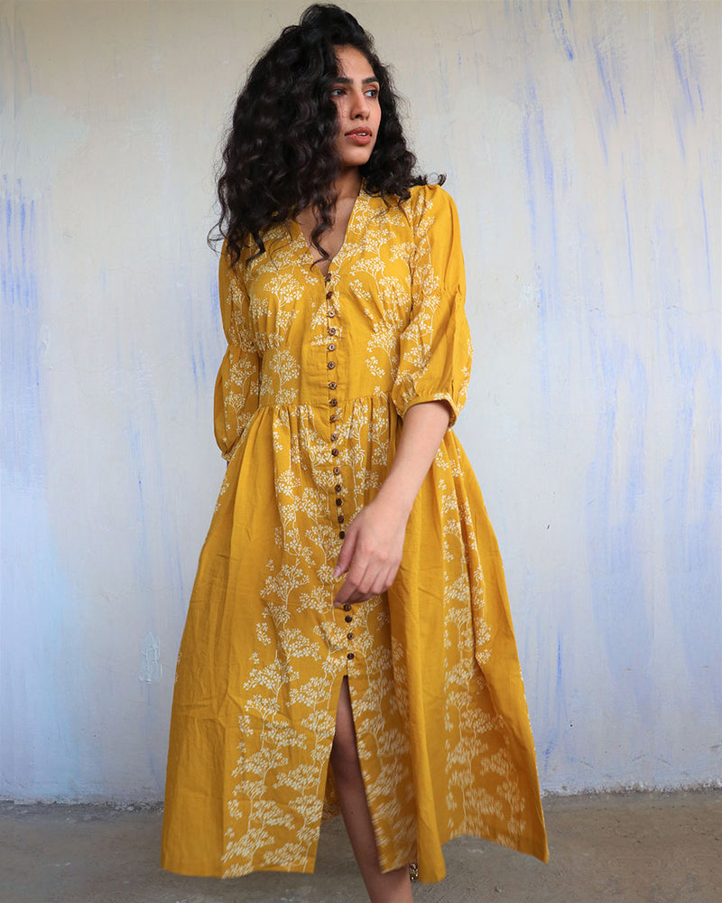 Yellow Block Printed Cotton Dress -Easy