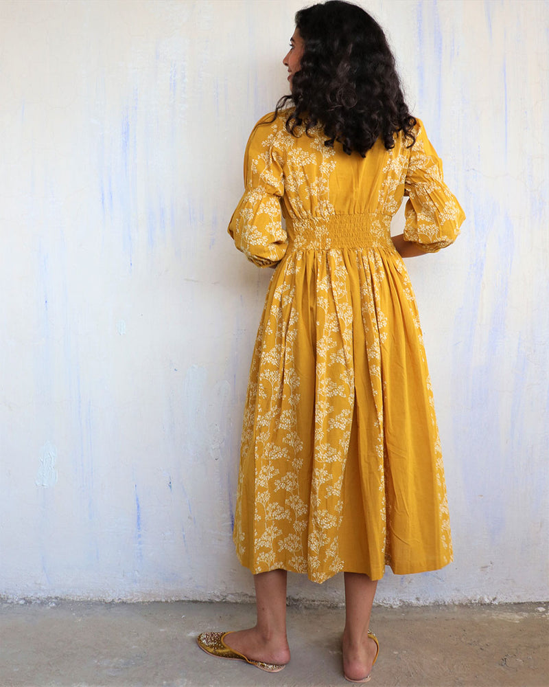 Yellow Block Printed Cotton Dress -Easy