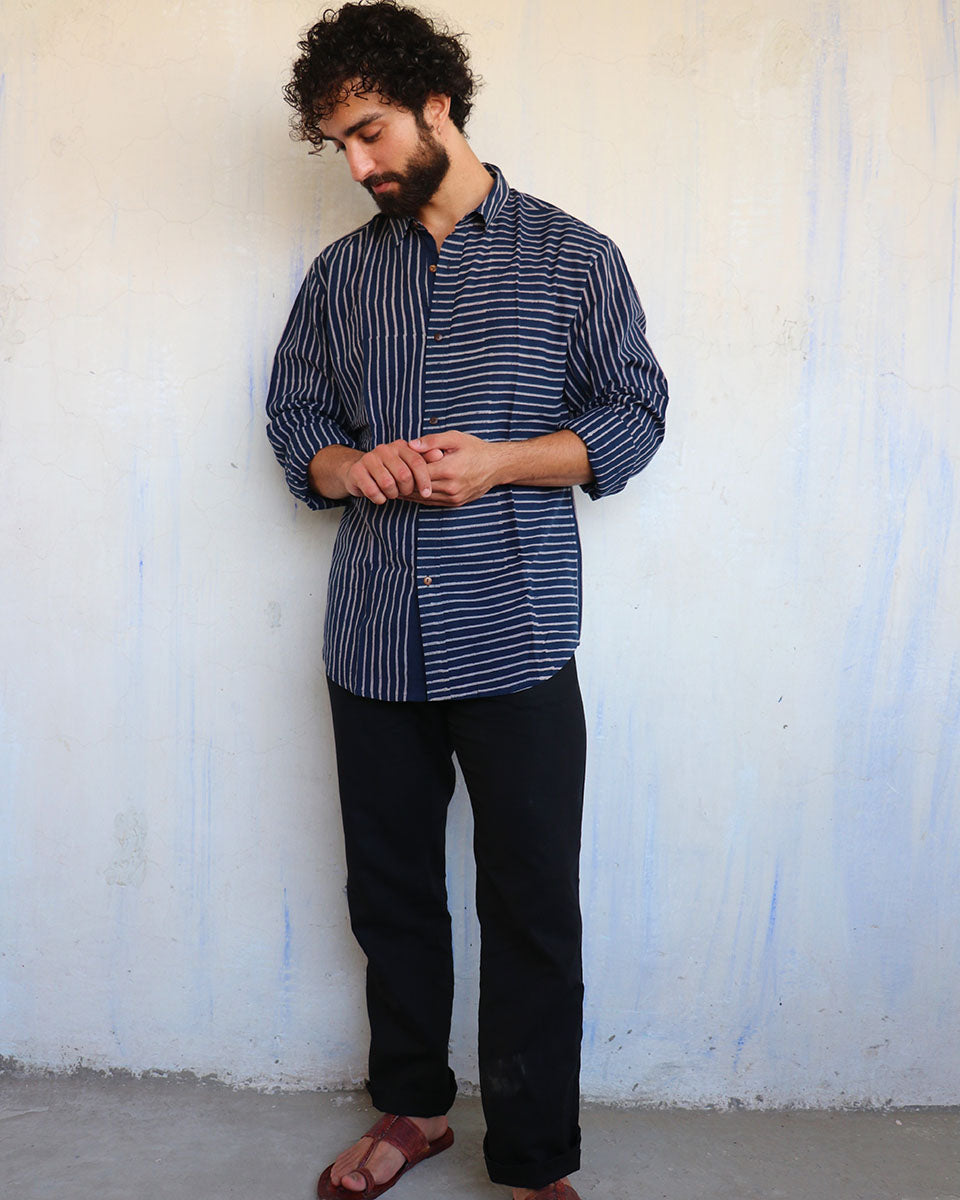 Navy Mismatched Stripes Blockprinted Men'S Shirt