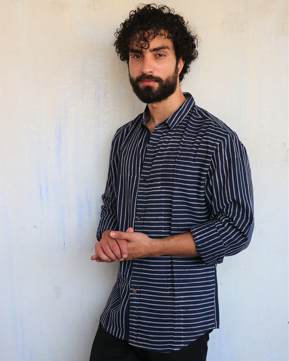 Navy Mismatched Stripes Blockprinted Men'S Shirt